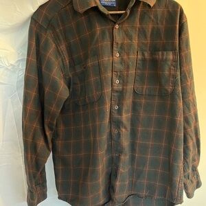 Pendleton Zephyr Shirt in Brown and Green Plaid, Men’s L, 100% Wool